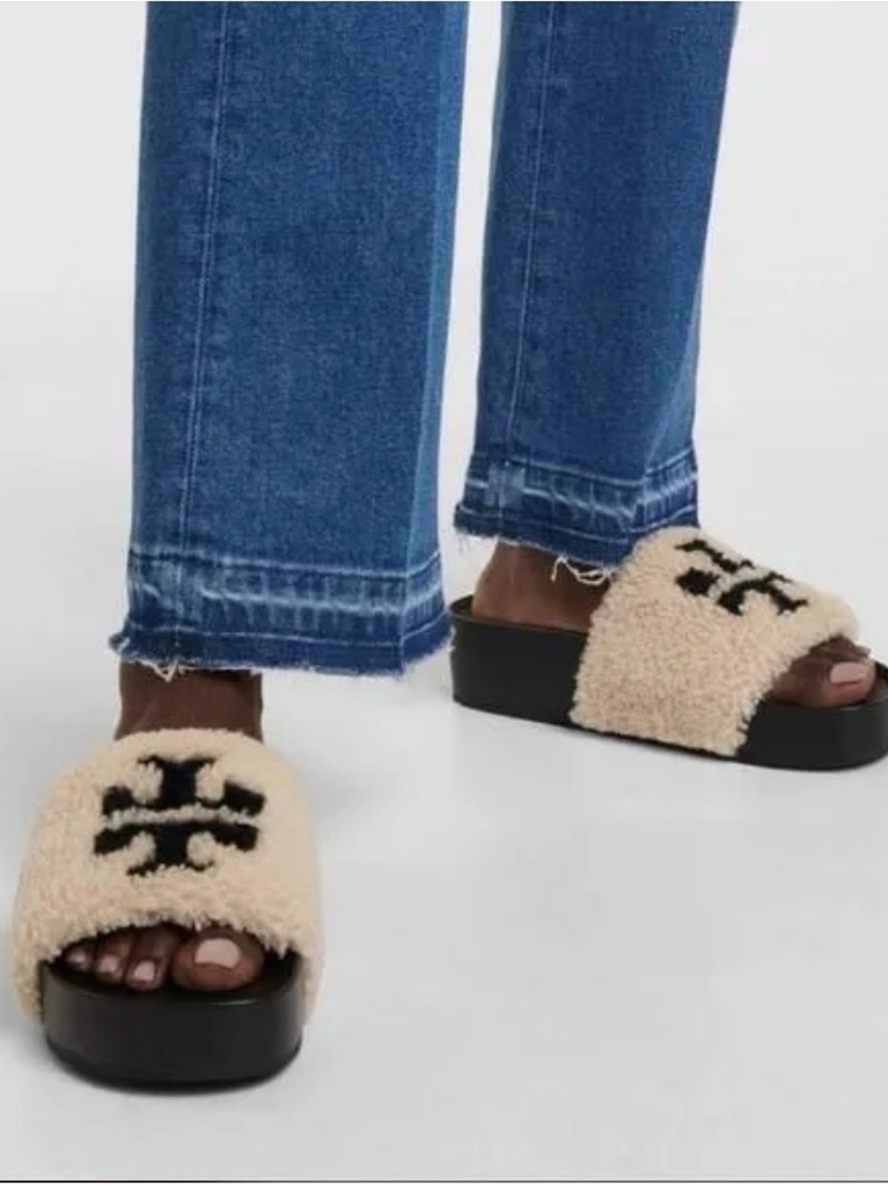 Tory Burch Double T Shearling Platform - Buttermilk & Black